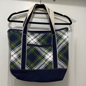 Lands' End Navy Green Plaid Canvas Tote